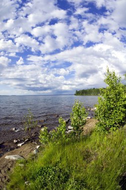 parlak mavi gökyüzü göl kıyısında üzerinde beyaz bulutlar ile
