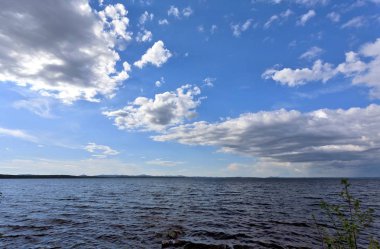 parlak mavi gökyüzü göl kıyısında üzerinde beyaz bulutlar ile