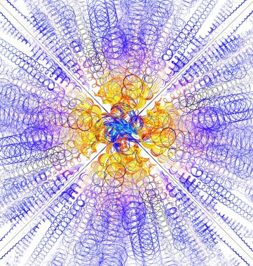 Merkezden kenarlara yayılan çok renkli spiral çizgilerin çok renkli soyut fraktal arkaplanı. Açık arkaplanda güzel soyut fraktal.
