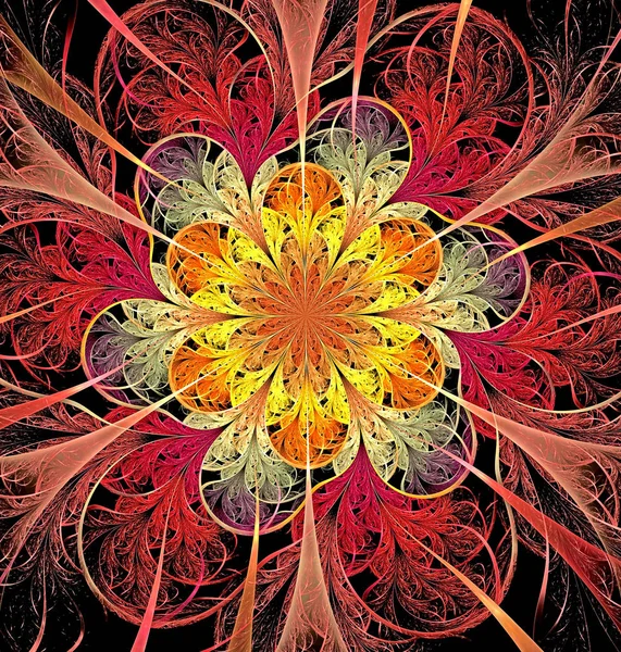 기하학적으로 어두운 배경에 다양 한 색깔의 꽃이 피어 있는 추상적 인 프랙탈 컴퓨터 영상 — 스톡 사진