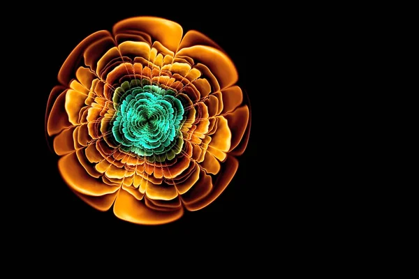 Resumo imagem de computador fractal de uma flor brilhante com padrões vermelho alaranjado e preto e com um meio azul — Fotografia de Stock
