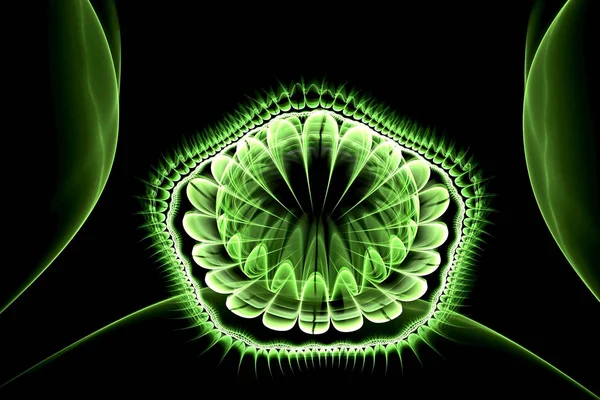 Flor 3d brilhante fractal abstrato em tons verdes claros. Ilustração fractal sobre um fundo preto — Fotografia de Stock