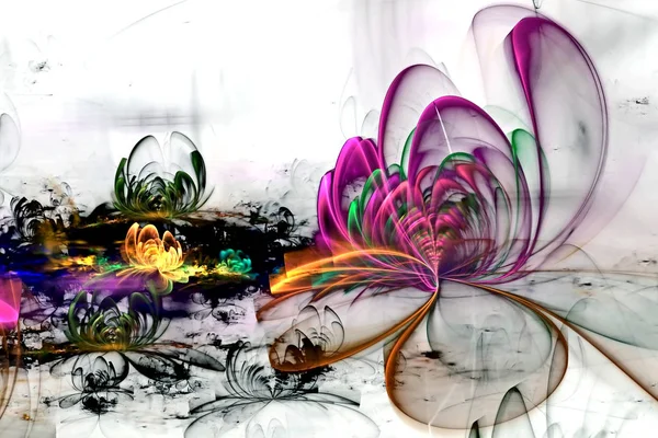 Fractal abstracto generado por computadora brillante 3d flores. Pintura fractal multicolor sobre un fondo claro se asemeja a un dibujo de acuarela — Foto de Stock