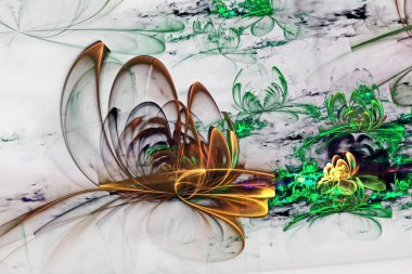 Soyut fraktal bilgisayar tarafından üretilen parlayan 3D çiçekler. Açık arkaplandaki çok renkli fraktal resim suluboya çizimine benzer.