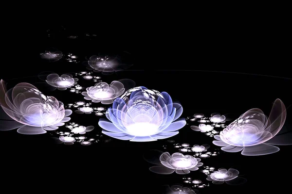 アブストラクトフラクタルコンピュータで生成された輝く3D花。黒を基調とした多色のフラクタル絵画 — ストック写真