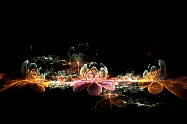 Abstrakte fraktale computergenerierte leuchtende 3D-Blumen. mehrfarbige fraktale Malerei auf schwarzem Hintergrund — Stockfoto