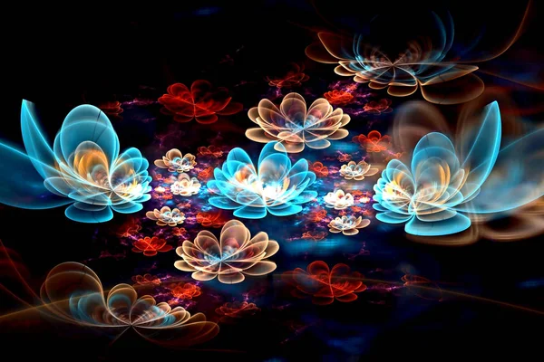 Абстрактные фрактальные компьютерные светящиеся трехмерные цветы. Многоцветная фрактальная живопись на черном фоне — стоковое фото