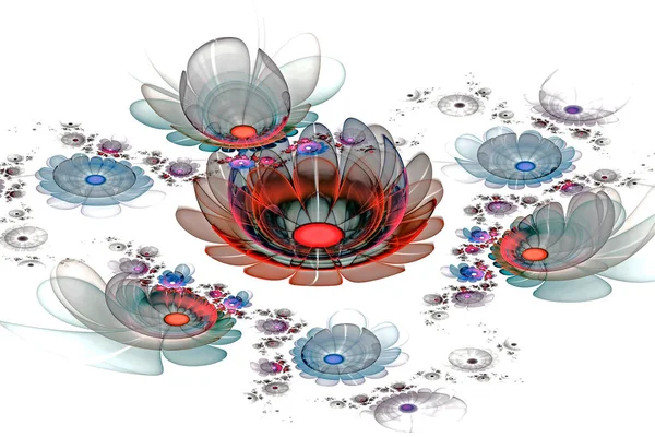 Abstrato fractal gerado por computador brilhante flores 3d. Pintura fractal multicolorida em um fundo claro se assemelha a um desenho aquarela — Fotografia de Stock