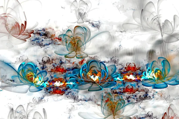 Fractal abstracto generado por computadora brillante 3d flores. Pintura fractal multicolor sobre un fondo claro se asemeja a un dibujo de acuarela — Foto de Stock