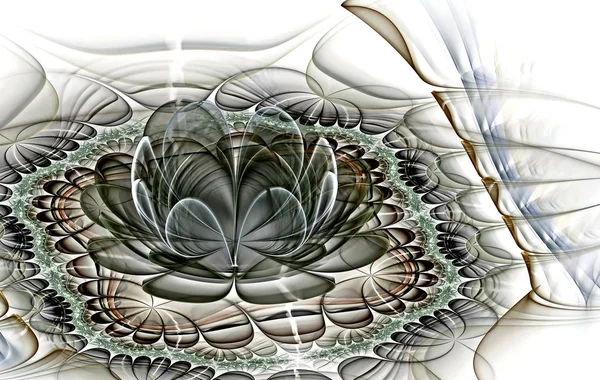 Абстрактные фрактальные компьютерные светящиеся трехмерные цветы. Многоцветная фрактальная живопись на светлом фоне напоминает акварельный рисунок — стоковое фото