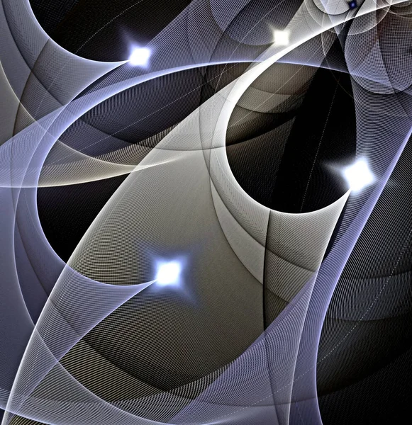 abstract, fractal, computer-generated image of multicolored arches and curves on a dark background