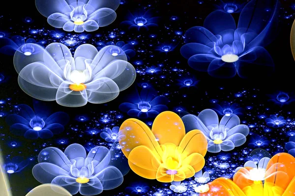 抽象的な薄片状の輝く3D花 黒を基調とした多色のフラクタル絵画 魔法の宇宙の花壇 — ストック写真