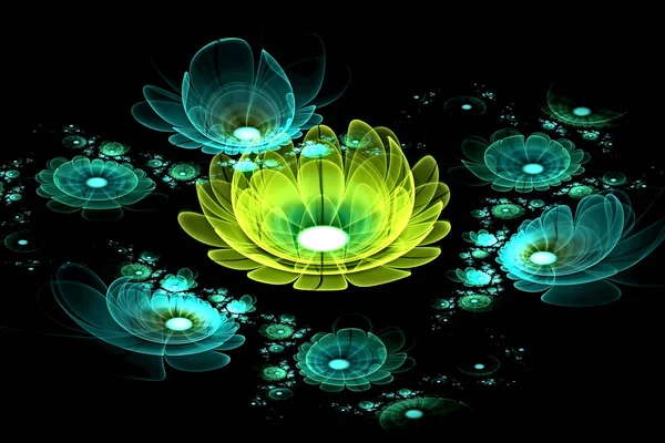 Abstract fractal glowing 3d flowers. Multicolored fractal painting on a black background, magic cosmic flower bed