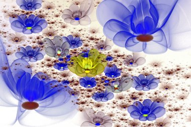 Soyut fraktal parıldayan 3D çiçekler. Açık arkaplanda çok renkli fraktal resim, sihirli kozmik çiçek yatağı.