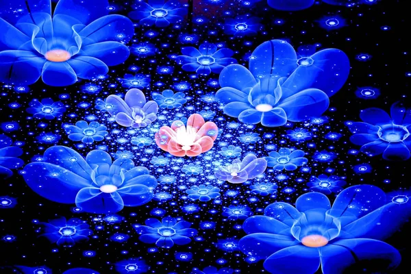 抽象画分輝く3Dブルーの花 黒を基調とした多色のフラクタル絵画 魔法の宇宙の花壇 — ストック写真