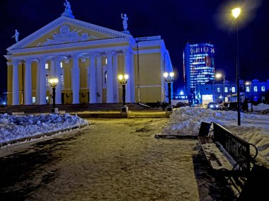 Opera house building on a late winter evening in Chelyabinsk