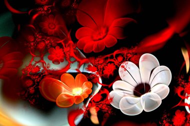 Soyut fraktal parıldayan 3D çiçekler. Siyah arka planda çok renkli fraktal resim, sihirli çiçek tarhı.