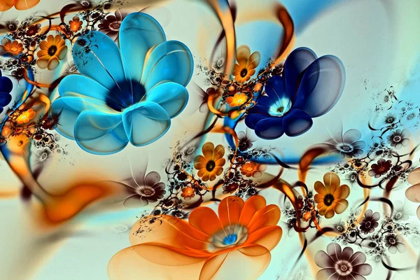 Abstract fractal glowing 3d flowers. Multi-colored fractal painting on a light background, magic flower bed