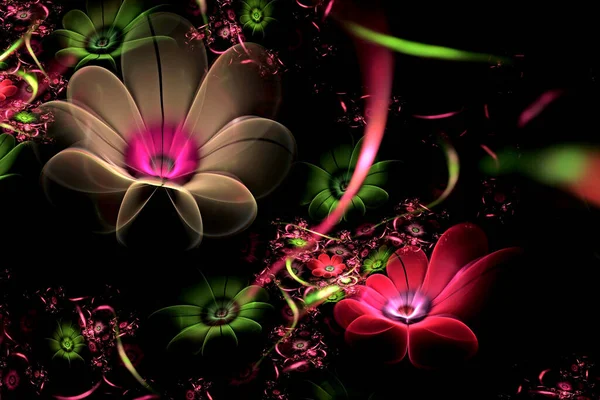 抽象的な薄片状の輝く3D花 黒を基調とした多色のフラクタル絵画 魔法の花壇 — ストック写真