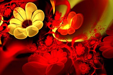 Soyut fraktal parıldayan 3D çiçekler. Siyah arka planda çok renkli fraktal resim, sihirli çiçek tarhı.