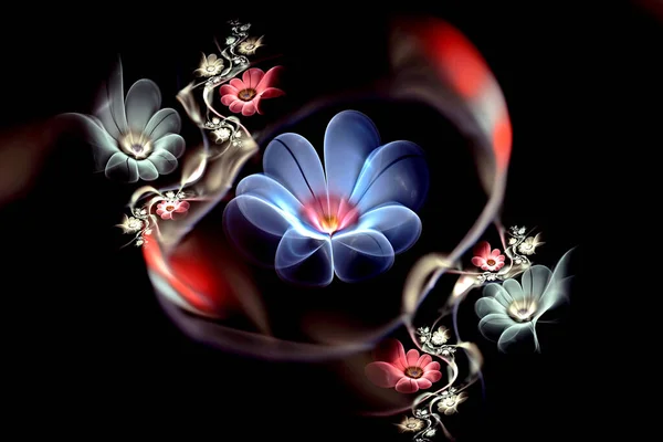 Abstraktní fraktální 3D květy na tmavém pozadí. Mnohobarevný fraktální obraz — Stock fotografie
