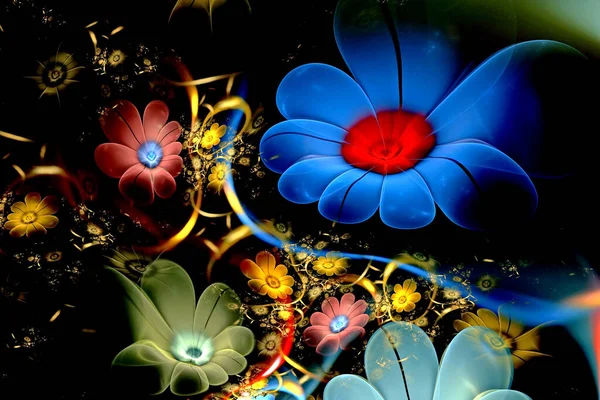 Abstracto fractal 3d flores sobre un fondo oscuro. Imagen fractal multicolor — Foto de Stock