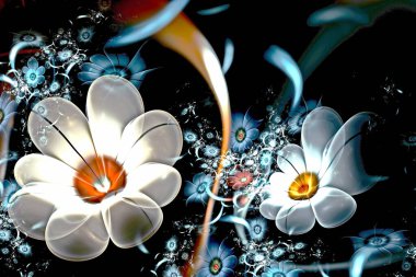 Karanlık bir arka planda soyut fraktal 3D çiçekler. Çok renkli fraktal resim