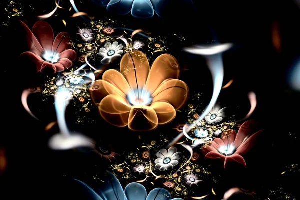 Abstract fractal glowing 3d flowers. Multi-colored fractal painting on a black background, magic flower bed