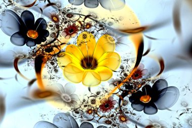 Açık arkaplanda soyut fraktal 3D çiçekler. Çok renkli fraktal resim