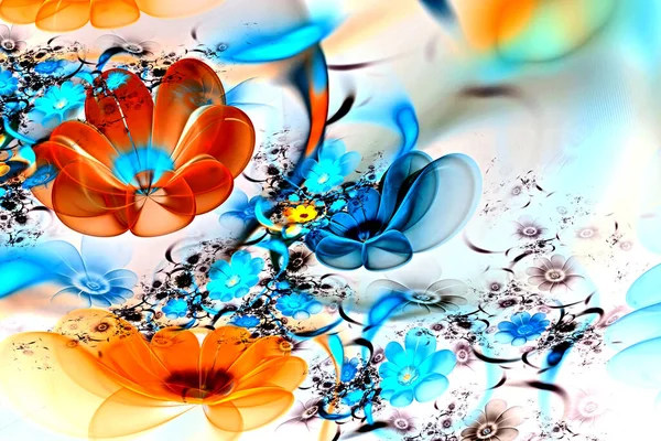 Abstract fractal glowing 3d flowers. Multi-colored fractal painting on a light background, magic flower bed