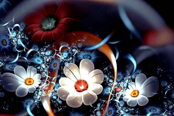 Abstracto fractal 3d flores sobre un fondo oscuro. Imagen fractal multicolor — Foto de Stock