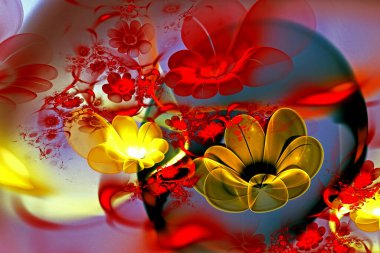 Soyut fraktal parıldayan 3D çiçekler. Açık arkaplanda çok renkli fraktal resim, sihirli çiçek tarhı.