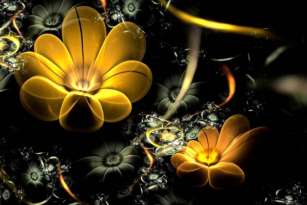 Abstract fractal glowing 3d flowers. Multi-colored fractal painting on a black background, magic flower bed