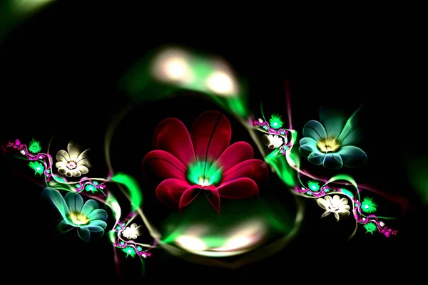 Abstrato Fractal Brilhante Flores Multi Colorido Pintura Fractal Fundo Preto — Fotografia de Stock