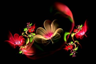 Soyut fraktal parıldayan 3D çiçekler. Siyah arka planda çok renkli fraktal resim, sihirli çiçek tarhı.