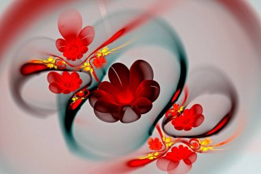 Soyut fraktal parıldayan 3D kırmızı çiçekler. Açık arkaplanda çok renkli fraktal resim, sihirli çiçek tarhı.
