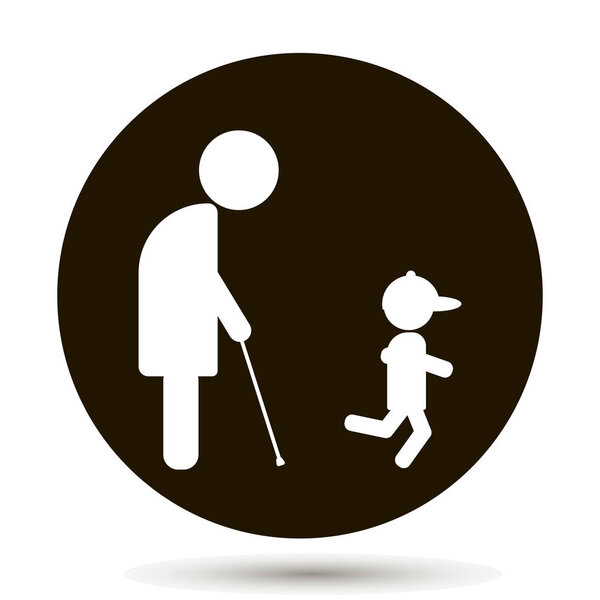 Пожилой человек, пенсионер гуляет со своим маленьким внуком
