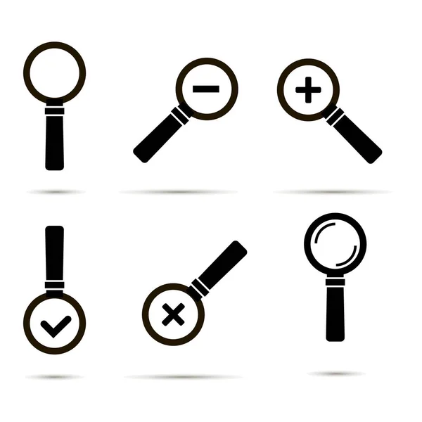 Set of six black icons of magnifier glasses isolated — Stock Vector