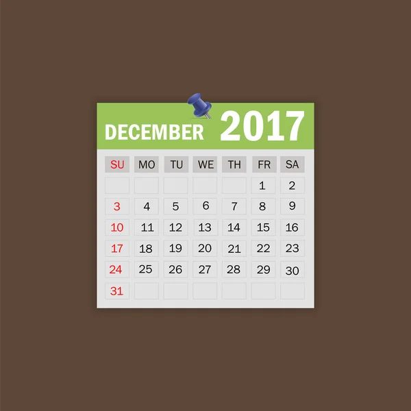 Diciembre de 2017. Ilustración vector calendario — Vector de stock