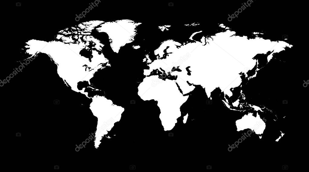 Blank white  world map on isolated black background. World map v