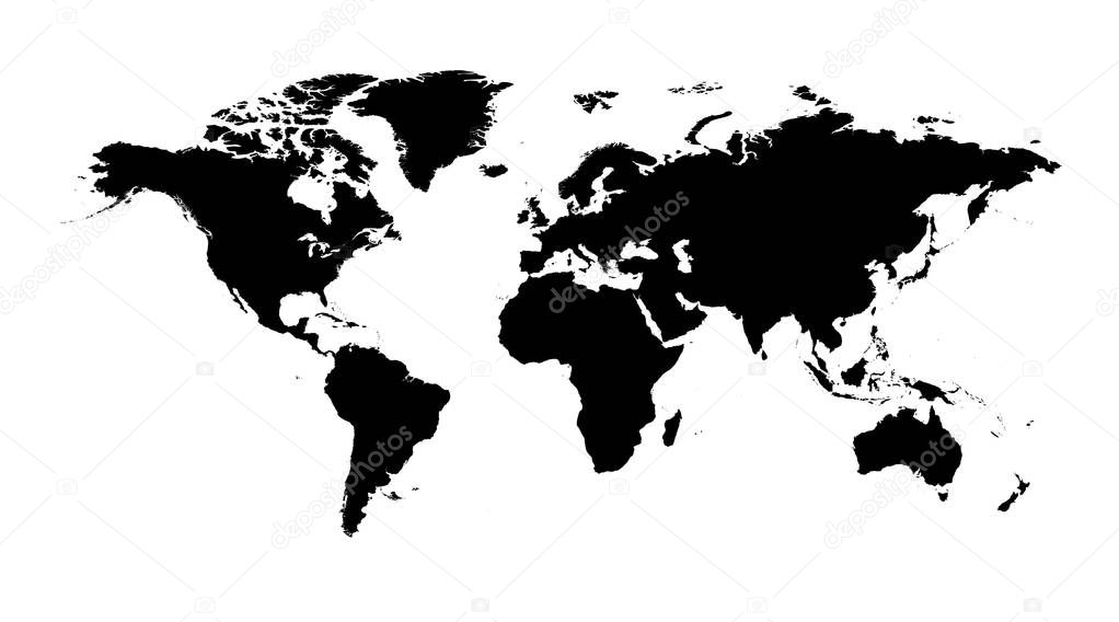 Blank black  world map on isolated white background. World map v