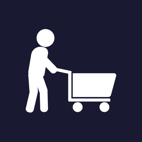 Un hombre caminando con un carrito de compras. Icono vectorial en backgro azul oscuro — Vector de stock