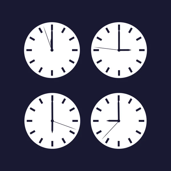 Набір годинників, що показують інший час. Векторна біла піктограма на темному б — стоковий вектор