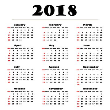 Beyaz bir arka plan üzerinde takvim 2018. Vektör çizim templa