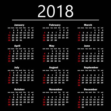 Siyah zemin takvim 2018. Vektör çizim templa