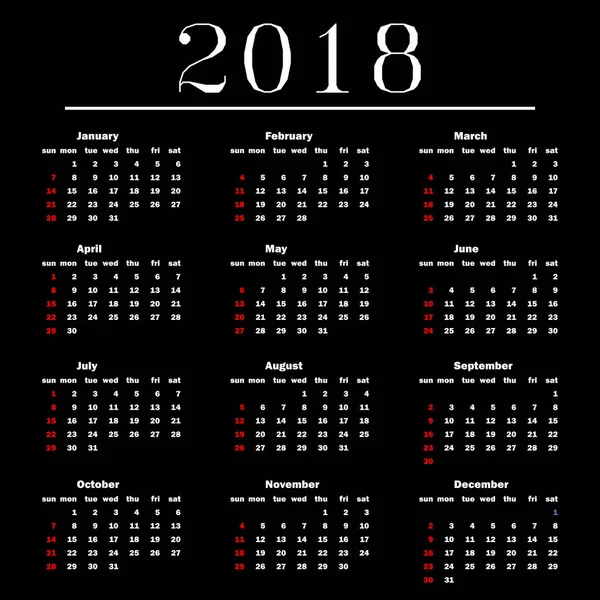 Kalender 2018 på svart bakgrund. Vektor illustration templa — Stock vektor