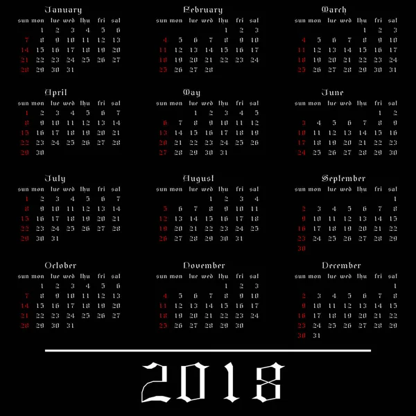 Kalender 2018 på svart bakgrund. Vektor illustration templa — Stock vektor