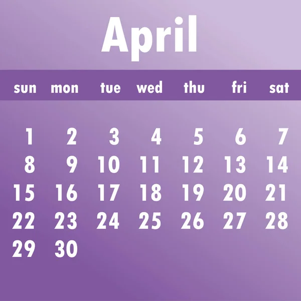 Calendario de abril 2018. La semana comienza el domingo. Negocio vector enfermo — Archivo Imágenes Vectoriales