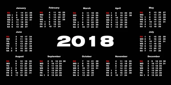 Calendário 2018 em um fundo preto. Templa de ilustração vetorial — Vetor de Stock