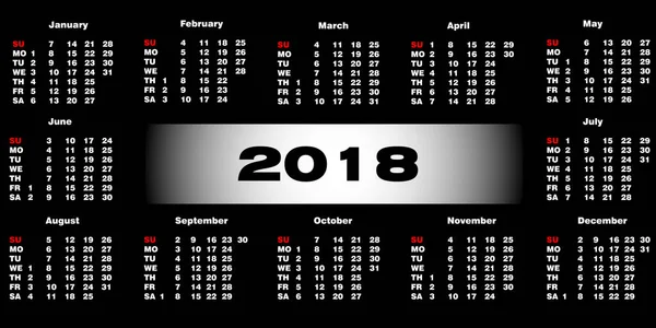 Calendário 2018 em um fundo preto. Templa de ilustração vetorial — Vetor de Stock